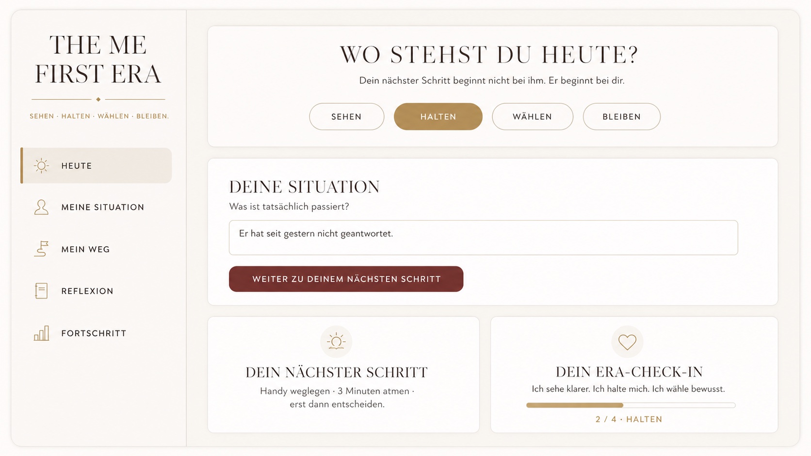 Ansicht des ME FIRST Boards mit den Schritten Sehen, Halten, Wählen und Bleiben